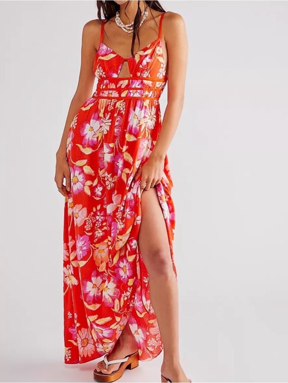 Free People Wisteria Maxi Dress XS $148 vibrant orange pop combo floral print